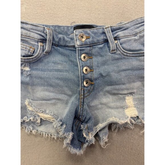 Kendall + Kylie 0/24 The Hipster Shorts Denim Distressed Frayed Hem Button Fly - Picture 3 of 10